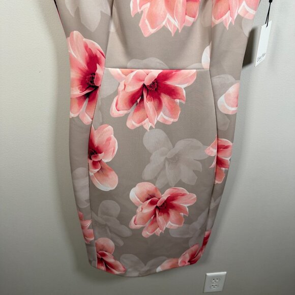 Calvin Klein Floral Scuba Sheath Dress Size 8 Pink Wedding Work Career Stretch - Picture 7 of 10